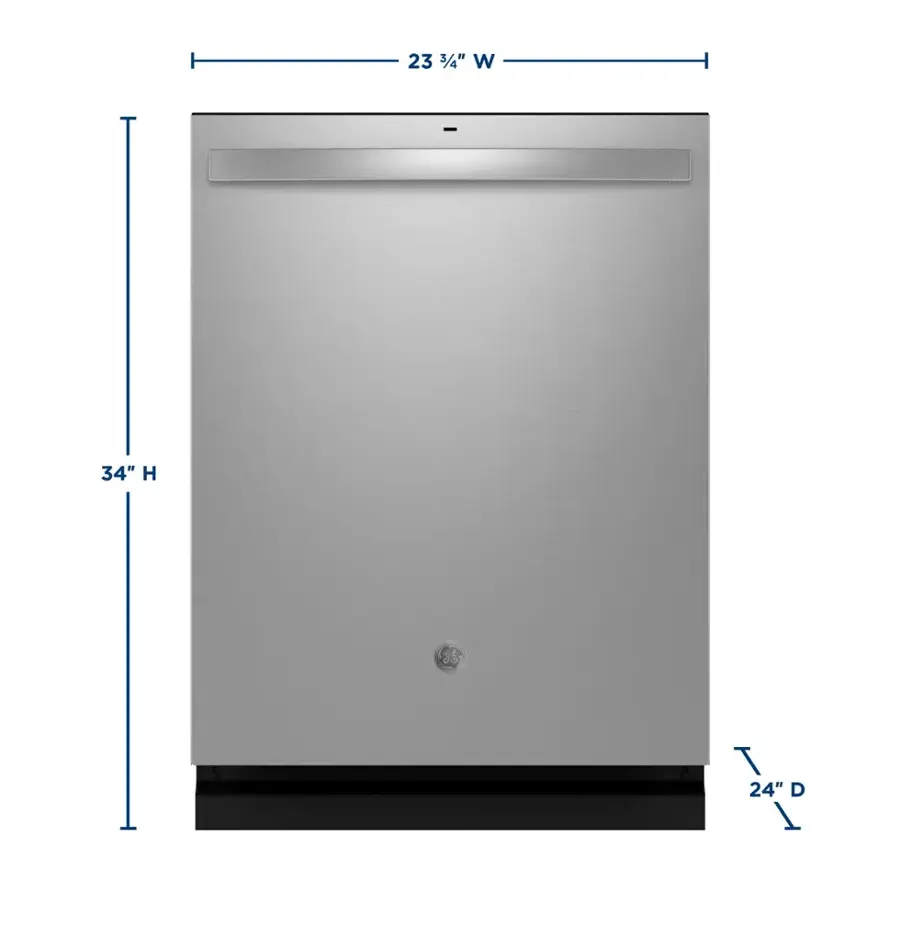 The text on the image reads: "23 3/4" W - 34" H - 24" D - 1". This information indicates that the appliance is 23 3/4 inches wide, 34 inches tall, and 24 inches deep. Additionally, there is a measurement of 1, which could be a reference to the size of the appliance or a specific feature.