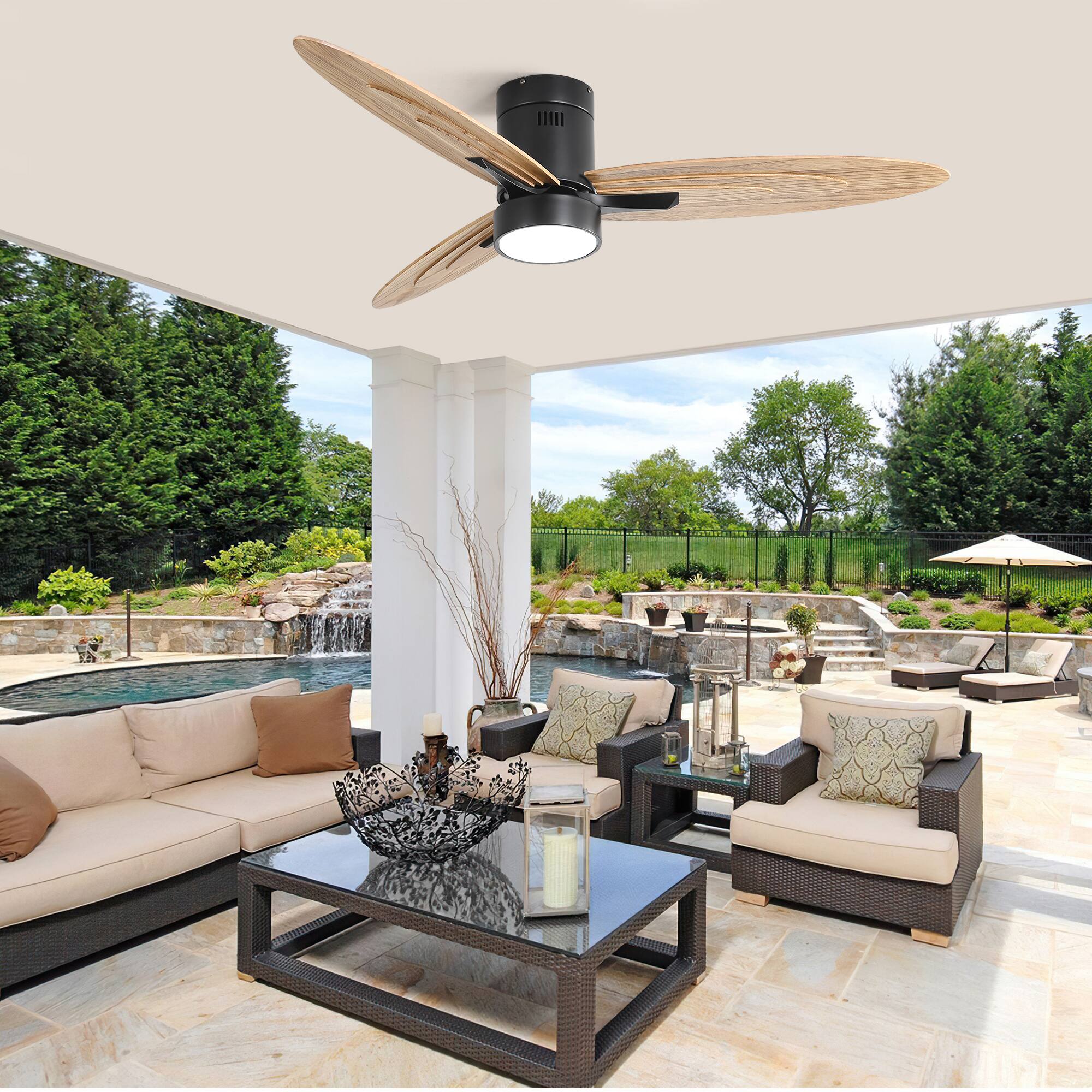 Angle. GreenEver - 56" Carbonized Walnut Wood Ceiling Fan with 6-Speed Remote, 3-Color Dimmable LED Light for Large Rooms - Black.