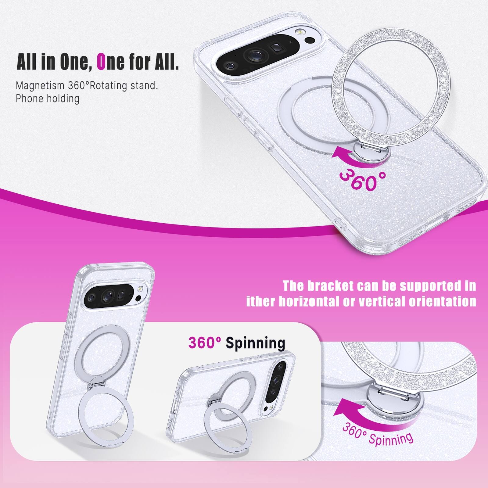 All in One, One for All.  
Magnetism 360° Rotating stand.  
Phone holding  

The bracket can be supported in either horizontal or vertical orientation  

360° Spinning  
360° Spinning