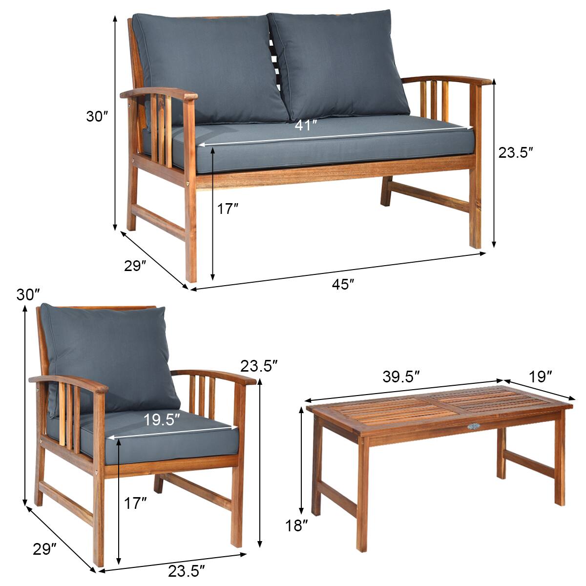 The text can be grouped as follows:

- Sofa dimensions:
  - Width: 45"
  - Depth: 23.5"
  - Height: 30"
  - Seat height: 17"
  - Arm height: 29"

- Chair dimensions:
  - Width: 23.5"
  - Depth: 19.5"
  - Height: 30"
  - Seat height: 17"
  - Arm height: 29"

- Table dimensions:
  - Width: 39.5"
  - Depth: 19"
  - Height: 8"
