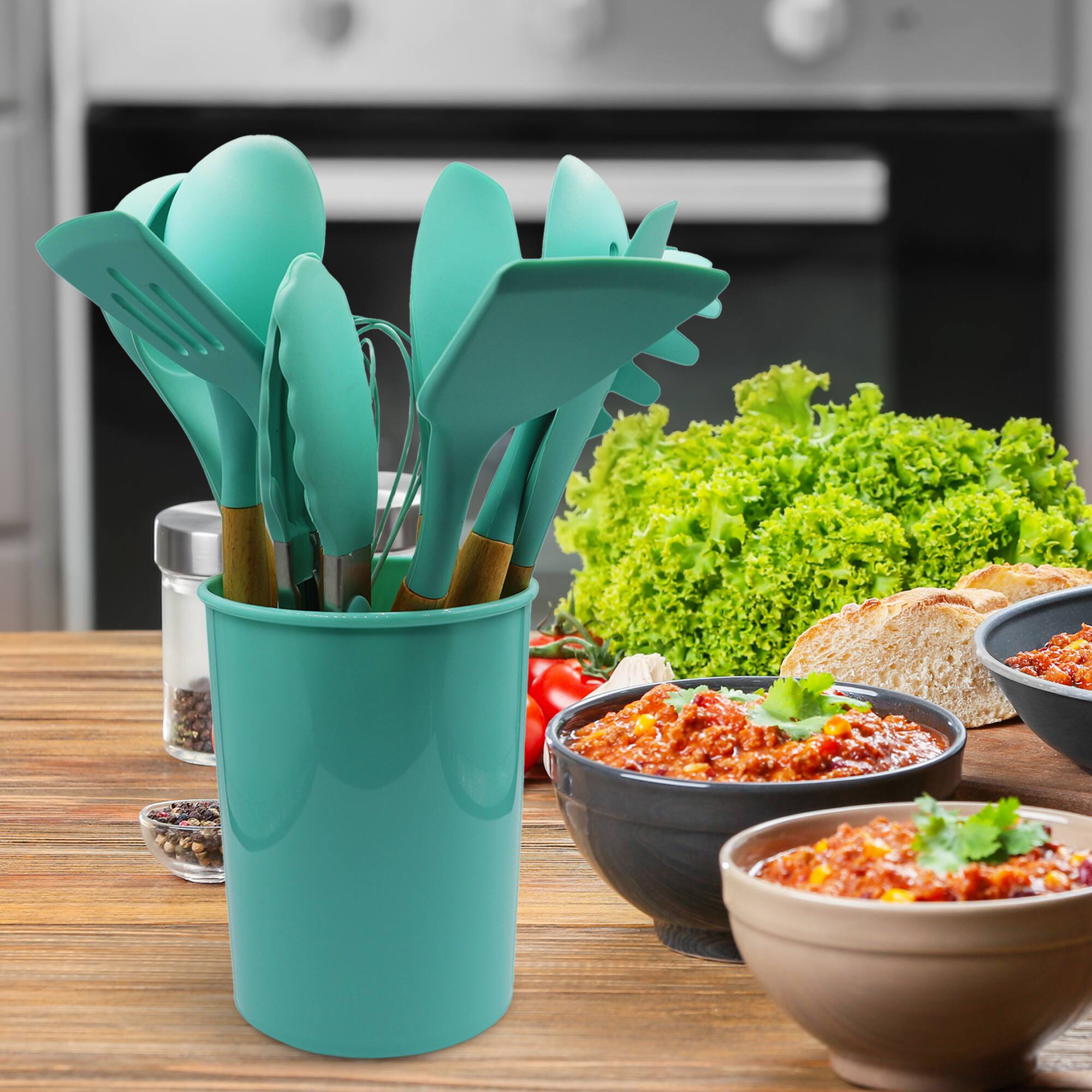 Angle. Cheer Collection - 12-Piece Silicone Cooking Utensil Set with Wooden Handles and Holder, Aqua - Aqua.