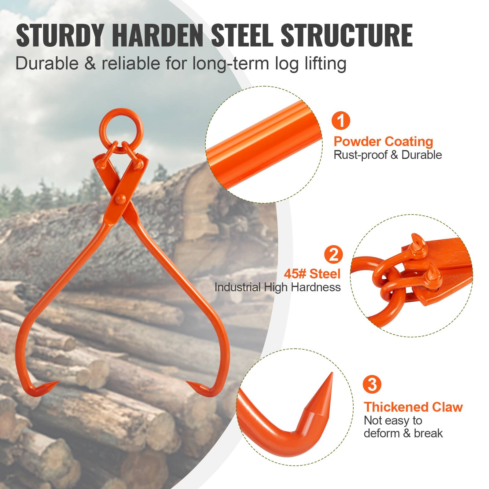 STURDY HARDEN STEEL STRUCTURE  
Durable & reliable for long-term log lifting  

1. Powder Coating  
Rust-proof & Durable  

2. 45# Steel  
Industrial High Hardness  

3. Thickened Claw  
Not easy to deform & break
