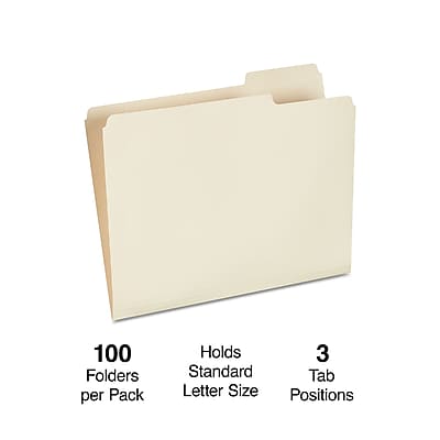 100 Folders per Pack  
Holds 3 Standard Tab Letter Size Positions