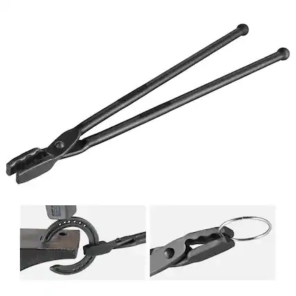 Front. VEVOR - Blacksmith Tongs, 18” Wolf Jaw Tongs, Carbon Steel Forge Tongs with A3 Steel Rivets, for Horseshoes, Curved Shapes - Black.
