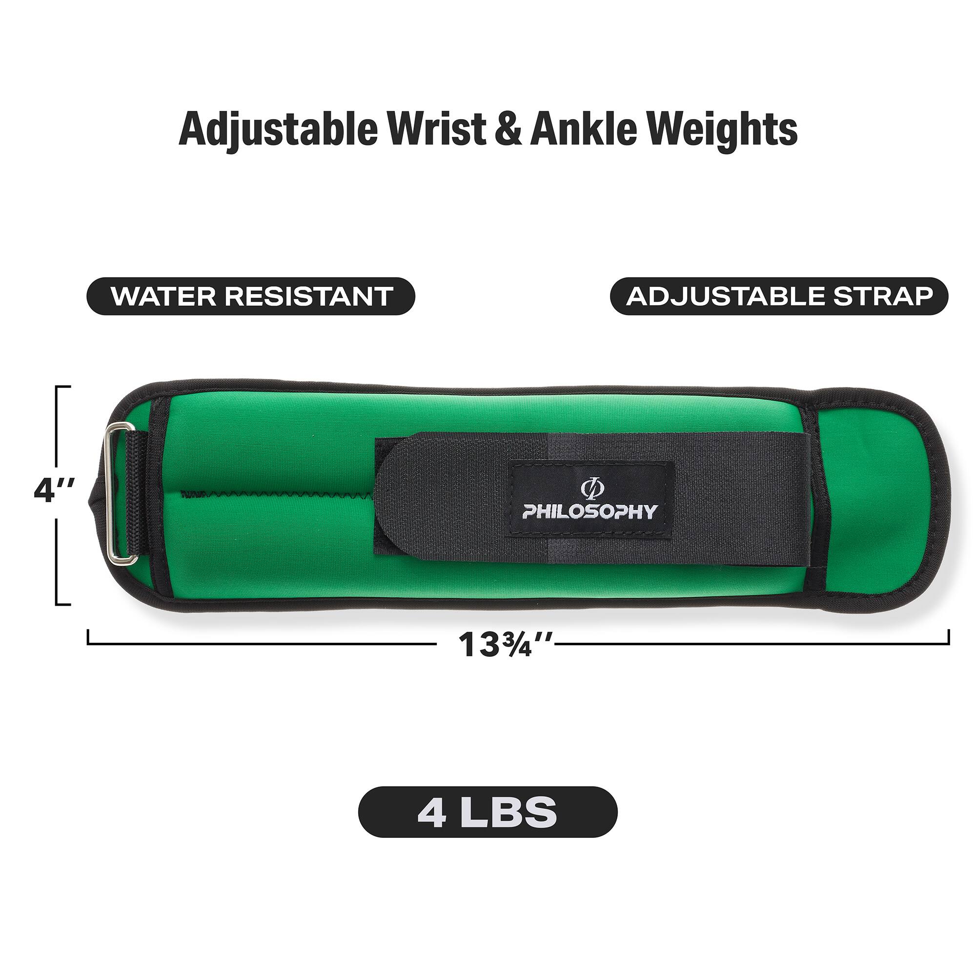 Adjustable Wrist & Ankle Weights

WATER RESISTANT

ADJUSTABLE STRAP

4"

PHILOSOPHY

13 3/4"

4 LBS