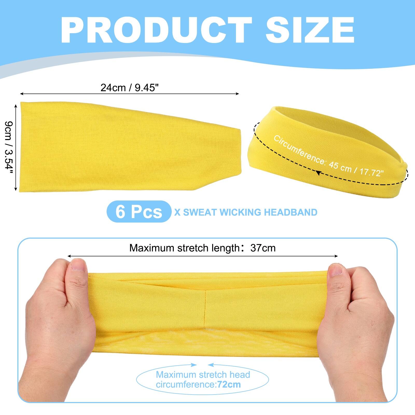 PRODUCT SIZE

24cm / 9.45"  
9cm / 3.54"  
Circumference: 45 cm / 17.72"  

6 Pcs X SWEAT WICKING HEADBAND  

Maximum stretch length: 37cm  
Maximum stretch head circumference: 72cm