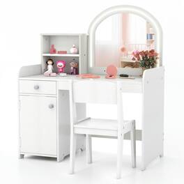 Pefilos - Kids Vanity Table and Chair Set with Shelves Drawer and Cabinet- Girls Vanity for Girls Kids - White
