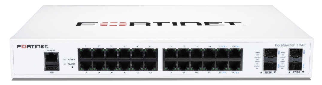 FORTINET  
FORTINET CONSOLE  
POWER ALARM  
-  
3  
5  
7  
11  
13  
15  
17  
19  
21  
23  
vu:  PURA UNKACT  
FortiSwitch 124F 0  8 LAKACT on  
use  
2  
4  
6  
8  
10  
12  
14  
16  
18  
20  
22  
S  
24  
S  
25/26  
27/28