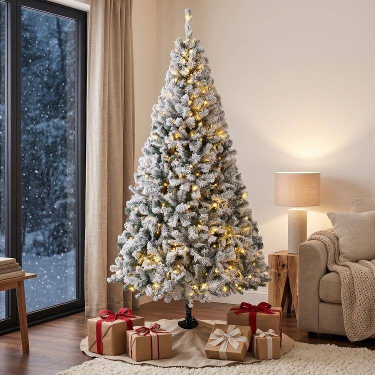 Alt View 1. PULUZ - 6ft Flocked Prelit Christmas Tree, Fraser Fir, Hinged Xmas Tree - White and Green.