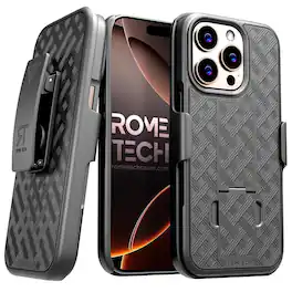 RomeTech - iPhone 16 Pro Max Holster & Kickstand Case - 3-Pack Glass Screen Protector - Black