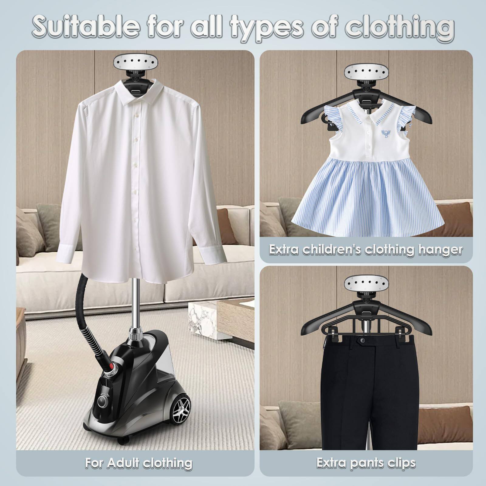 Suitable for all types of clothing

For Adult clothing

Extra children's clothing hanger

Extra pants clips