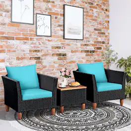 Gymax - 3PCS Patio Rattan Conversation Furniture Set Yard Outdoor w/ Cushions - Turquoise