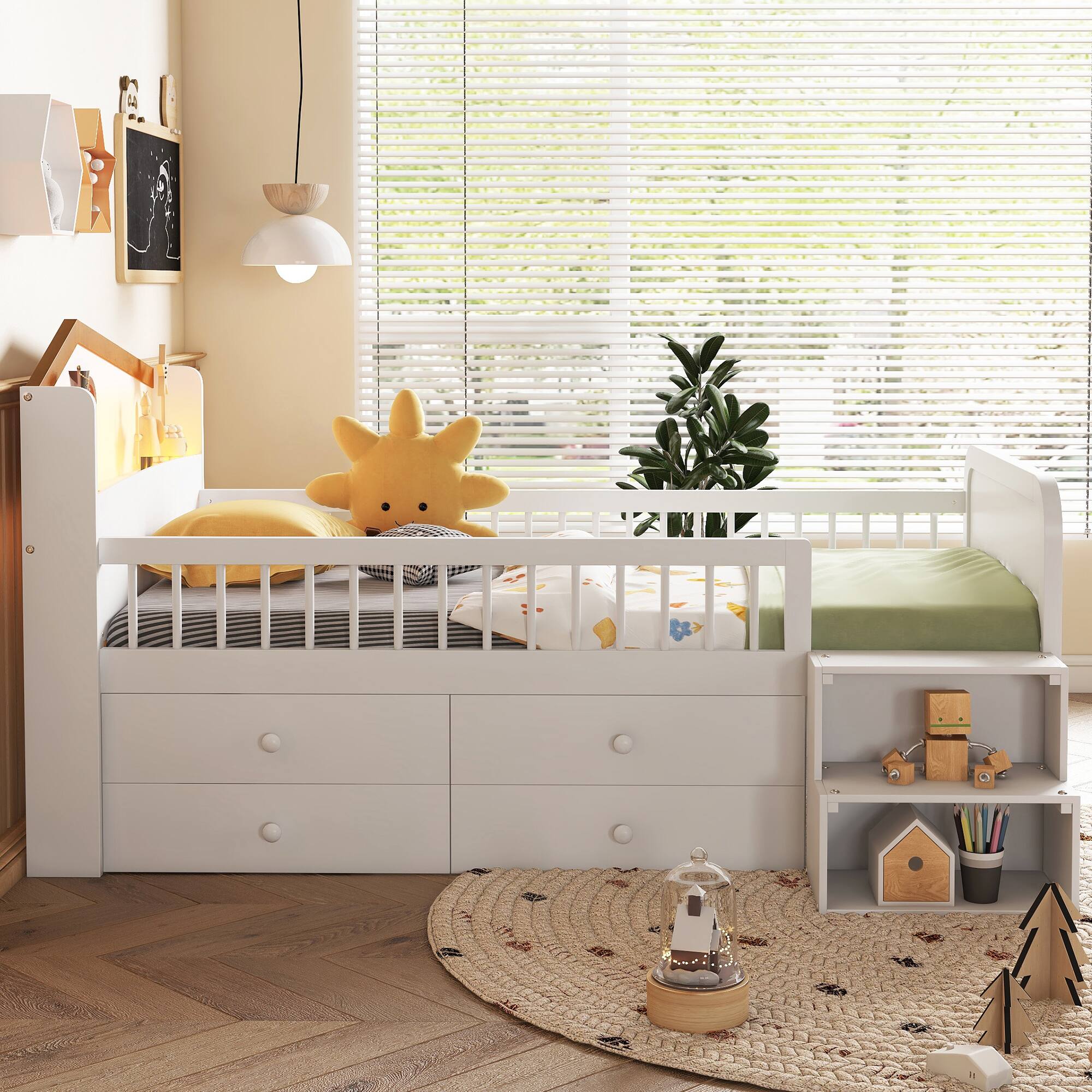 Alt View 1. APRILSOUL - Low Loft Bed with LED Lights Wooden Twin Loft Bed with House Shape Headboard Kids Loft Bed with Storage Drawers White - White.