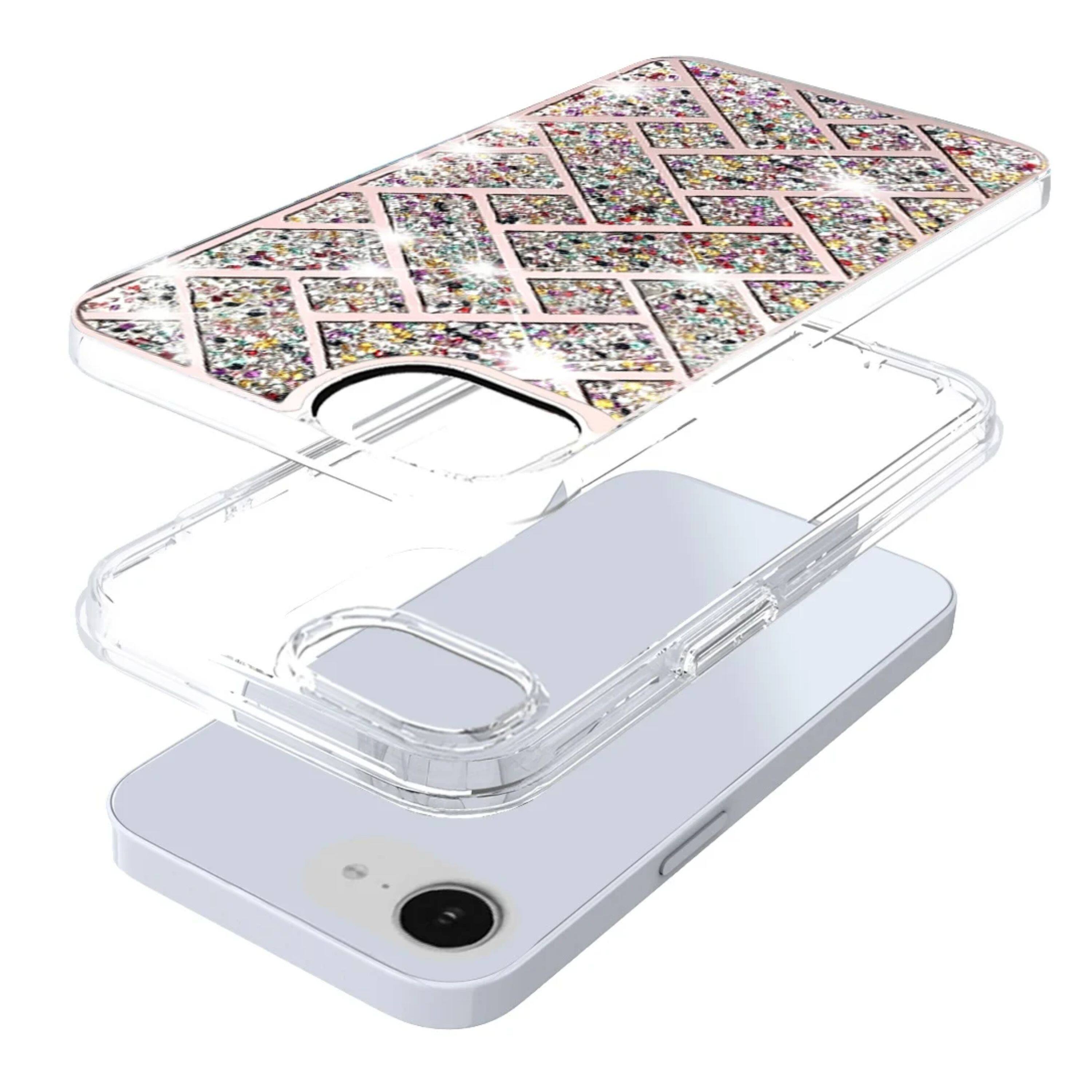 Left. Kitcheniva - Shimmering Bling Hybrid Phone Case With Tempered Glass For iPhone 16e/17e - Multicolor.