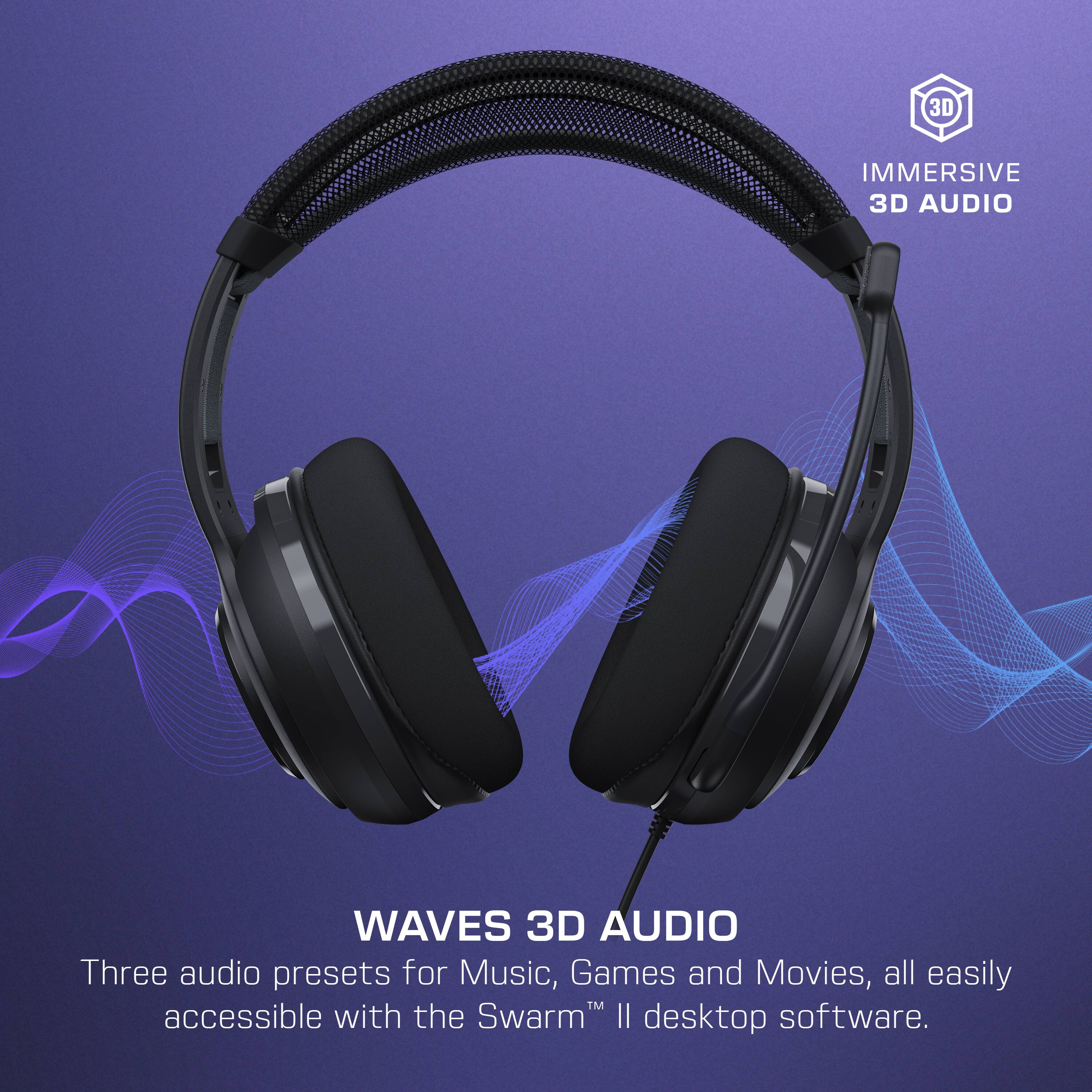 3D Immersive 3D Audio Waves 3D Audio: Three audio presets for Music, Games, and Movies, all easily accessible with the Swarm II desktop software.
