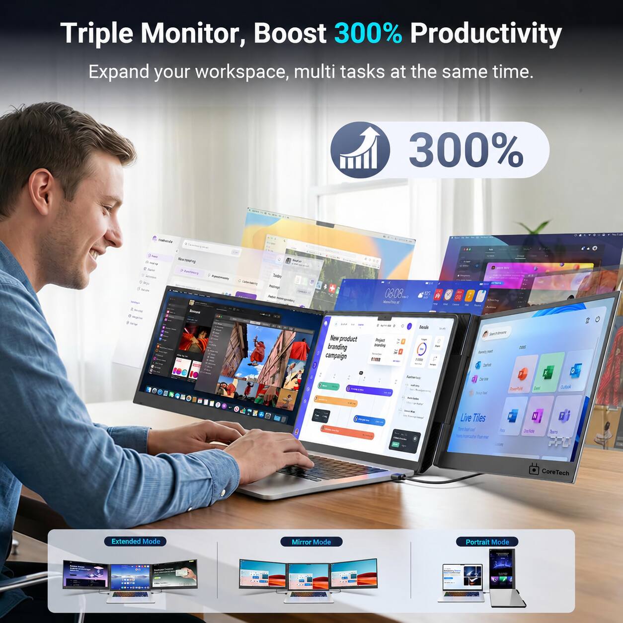 Triple Monitor, Boost 300% Productivity  
Expand your workspace, multi tasks at the same time.

300%

New product branding campaign  
0808m : Kende ----- / Amails Project Daily XD -  
schechy Sarchre 2019  
DOS  
Autrerva - Intritaire  
Carbe Iniqual  
BaDY  
Sent  
Catural  
Live Tiles la www.rats.me  
Delide

CoreTech  
Extended Mode  
Mirror Mode  
Portrait Mode  
INOM -

COMIC .......... ..
