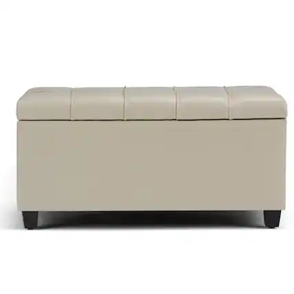 Simpli Home - Sienna 34 inch Wide Transitional Rectangle Storage Ottoman Bench Faux Leather - Satin Cream