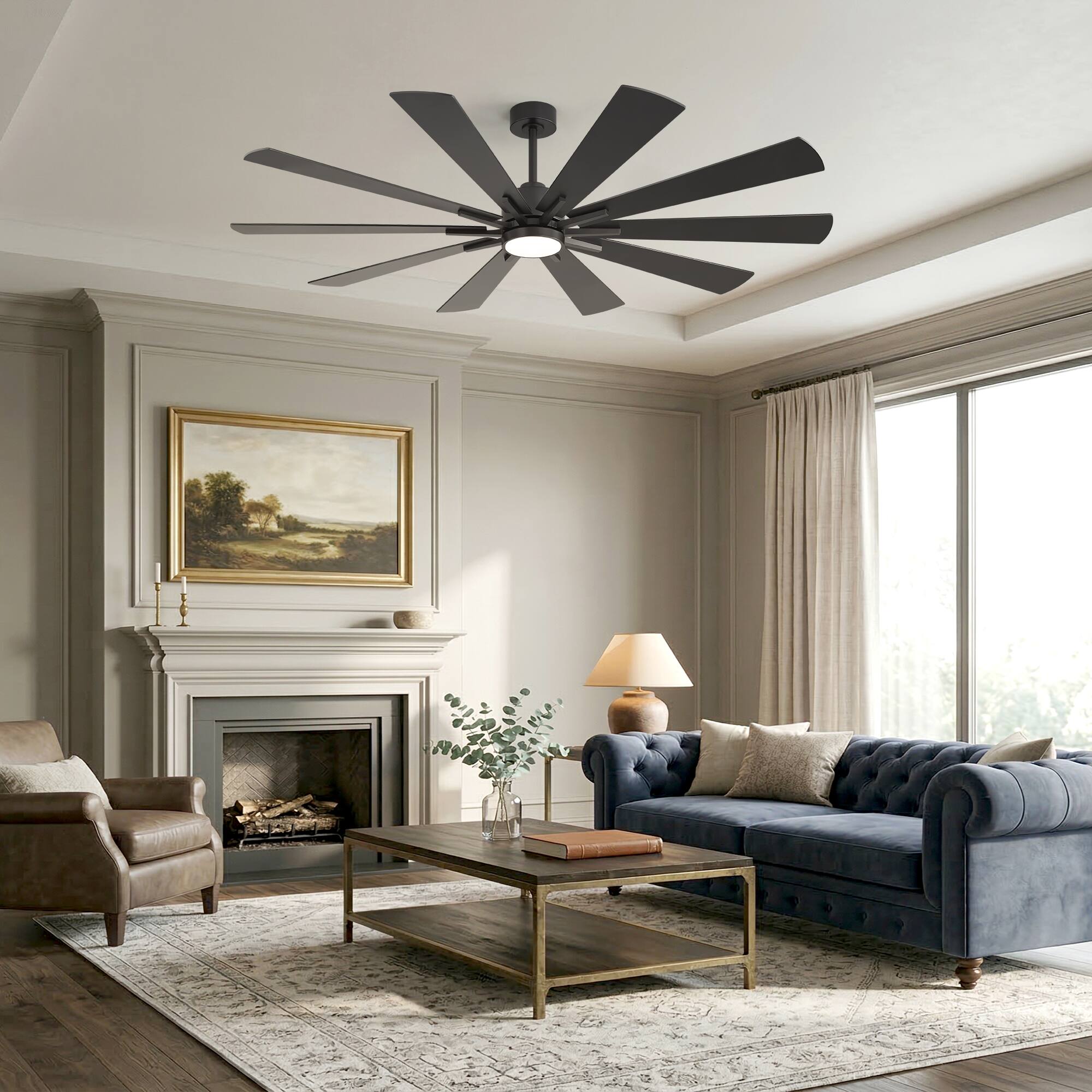 Alt View 1. Breezary - 72-Inch Modern Ceiling Fan, Dimmable LED, 10 Premium Plywood Blades, Quiet DC Motor, Remote Control, 6"/12" Downrods - 72-inch in Black and Walnut finish.