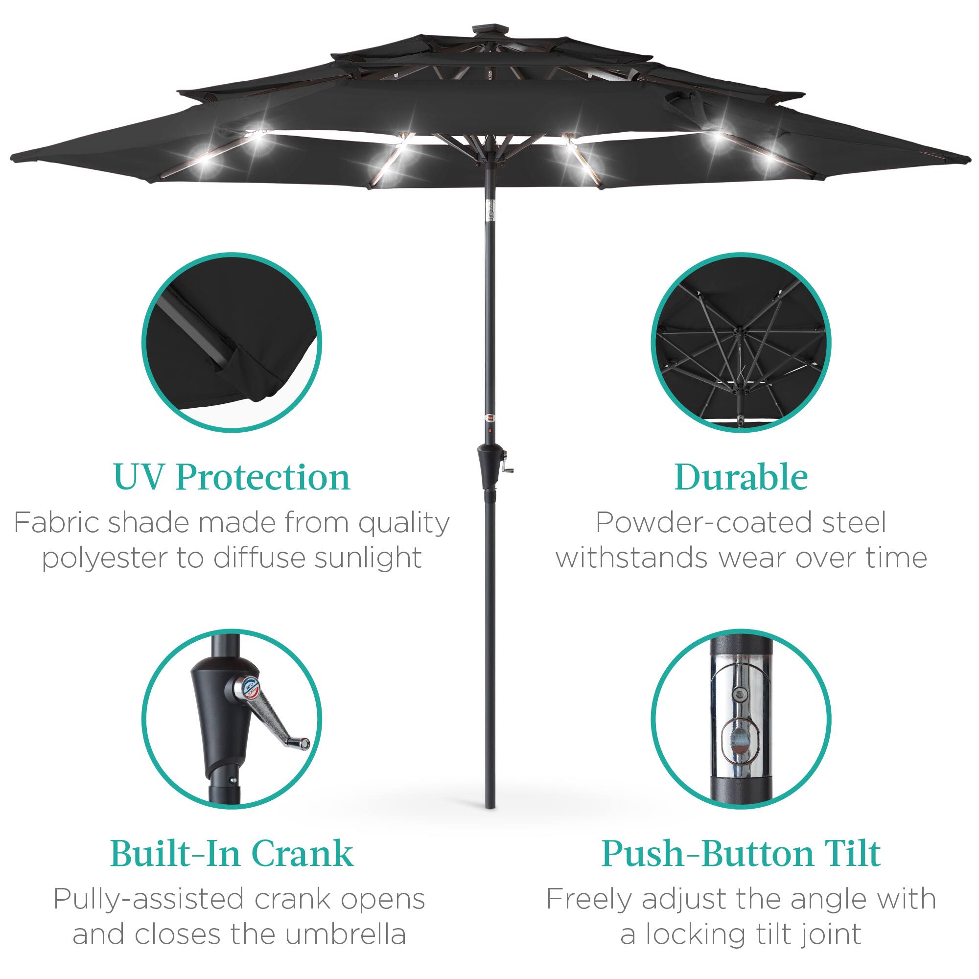 - UV Protection  
  Fabric shade made from quality polyester to diffuse sunlight

- Durable  
  Powder-coated steel withstands wear over time

- Built-In Crank  
  Pulley-assisted crank opens and closes the umbrella

- Push-Button Tilt  
  Freely adjust the angle with a locking tilt joint