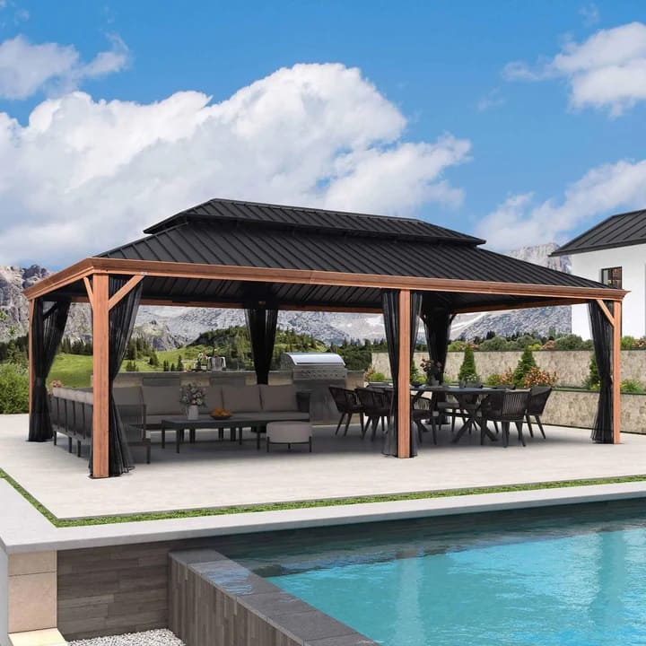 PURPLE LEAF 14 X 24 FT Hardtop Outdoor Wood Grain Aluminum Gazebo