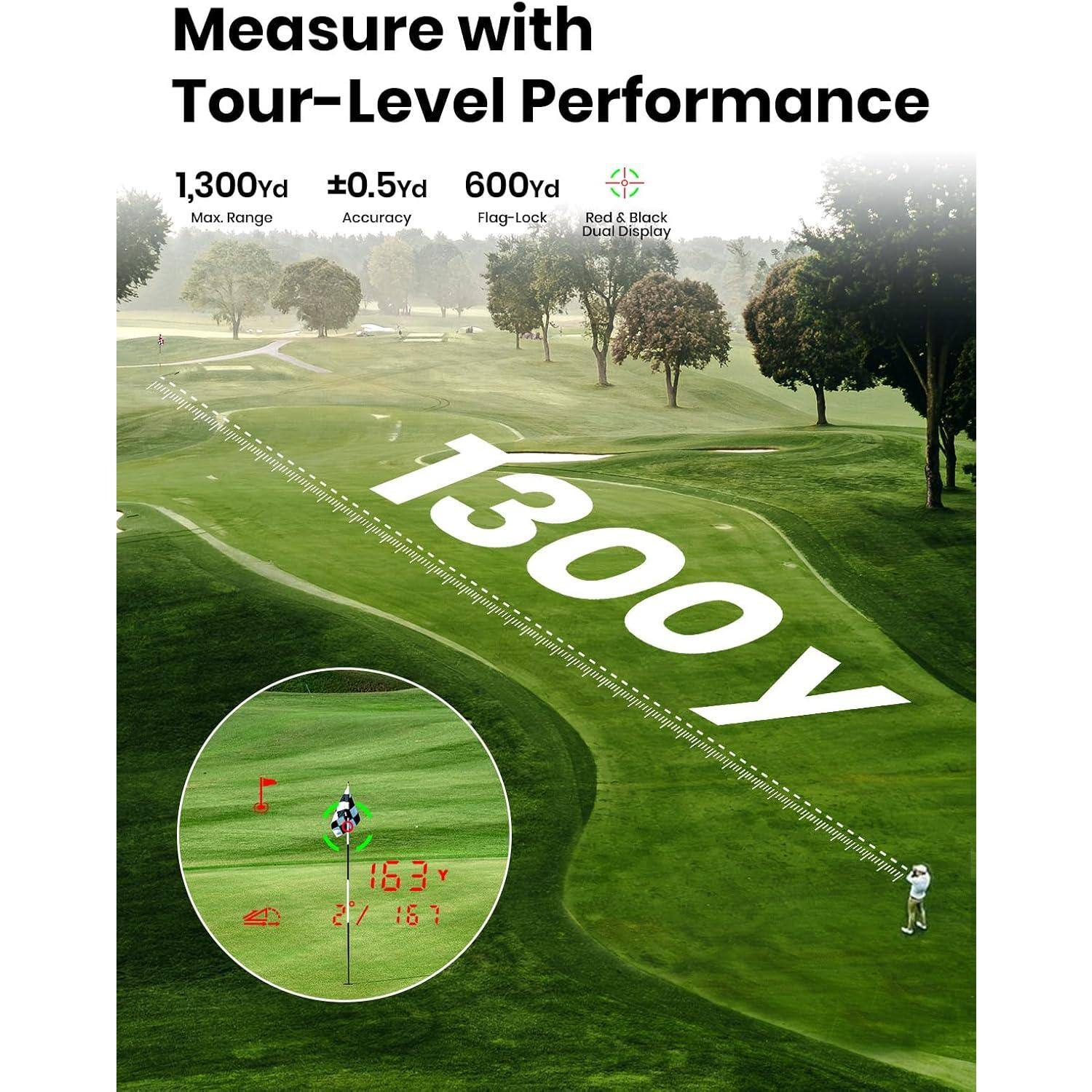 Measure with Tour-Level Performance  
1,300yd ±0.5yd  
600yd Max. Range  
Accuracy  
Flag-Lock  
Red & Black Dual Display  

1300yd  
163y  
2/167