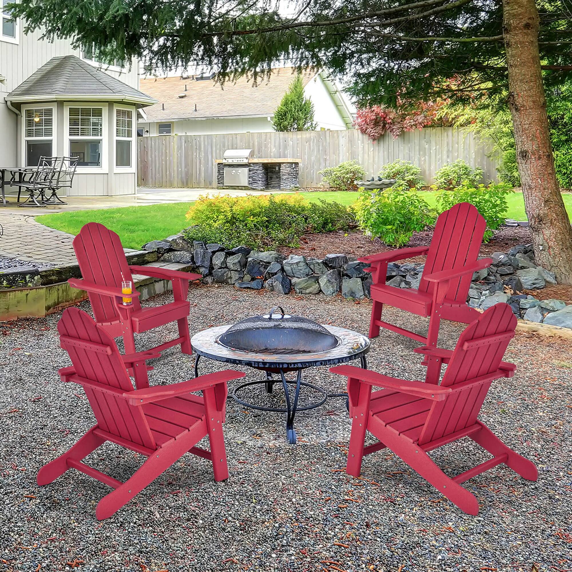 Angle. Costway - 4 PCS Patio Adirondack Chair Weather Resistant Garden Deck with Cup Holder - Red.