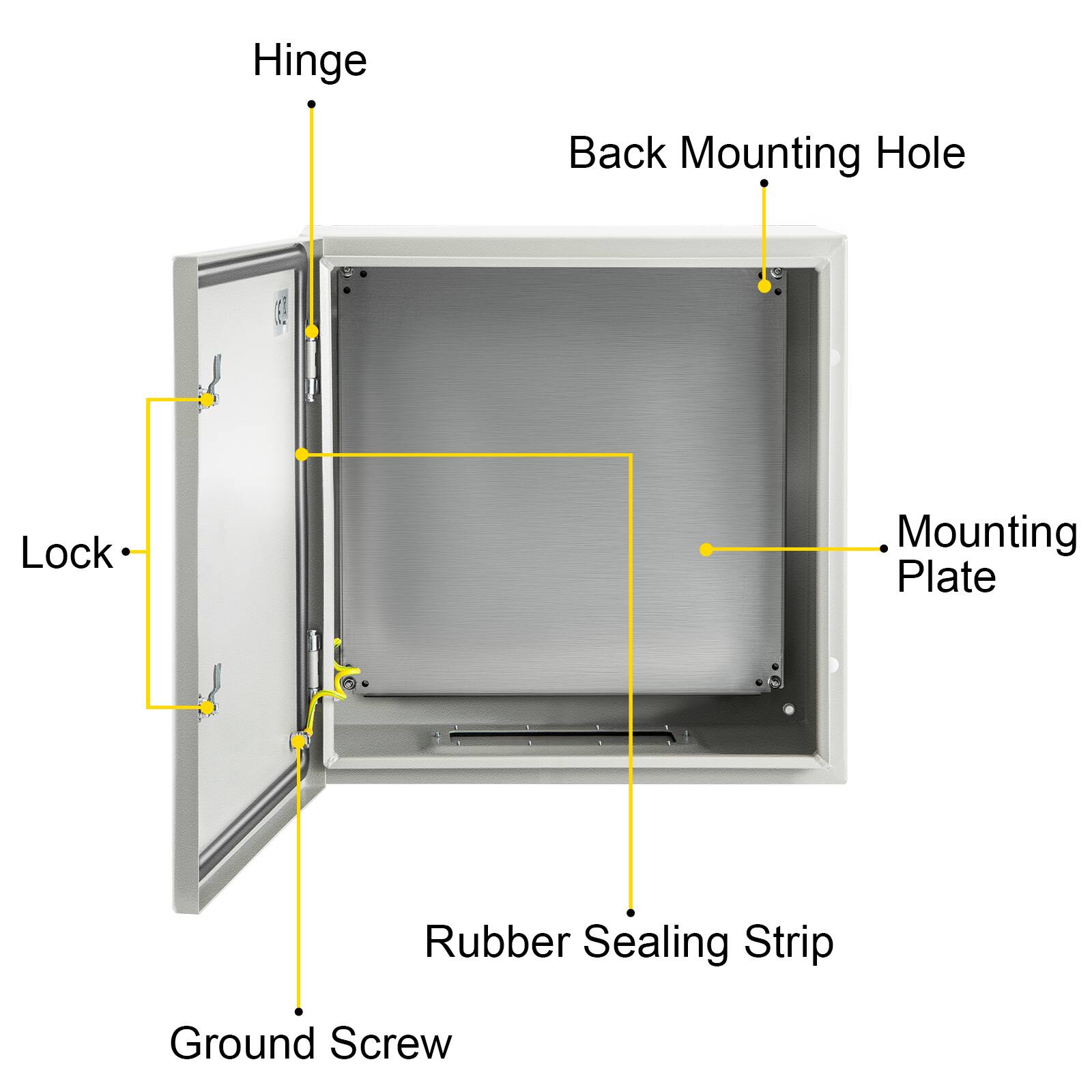 Hinge  
Back Mounting Hole  
Lock  
Mounting Plate  
Rubber Sealing Strip  
Ground Screw