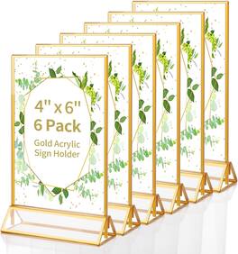 HongFei - Acrylic Sign Holder 4X6 inch, 6 Pack Wedding Table Number Frames Vertical , Double Sided Display Picture Frame - Gold