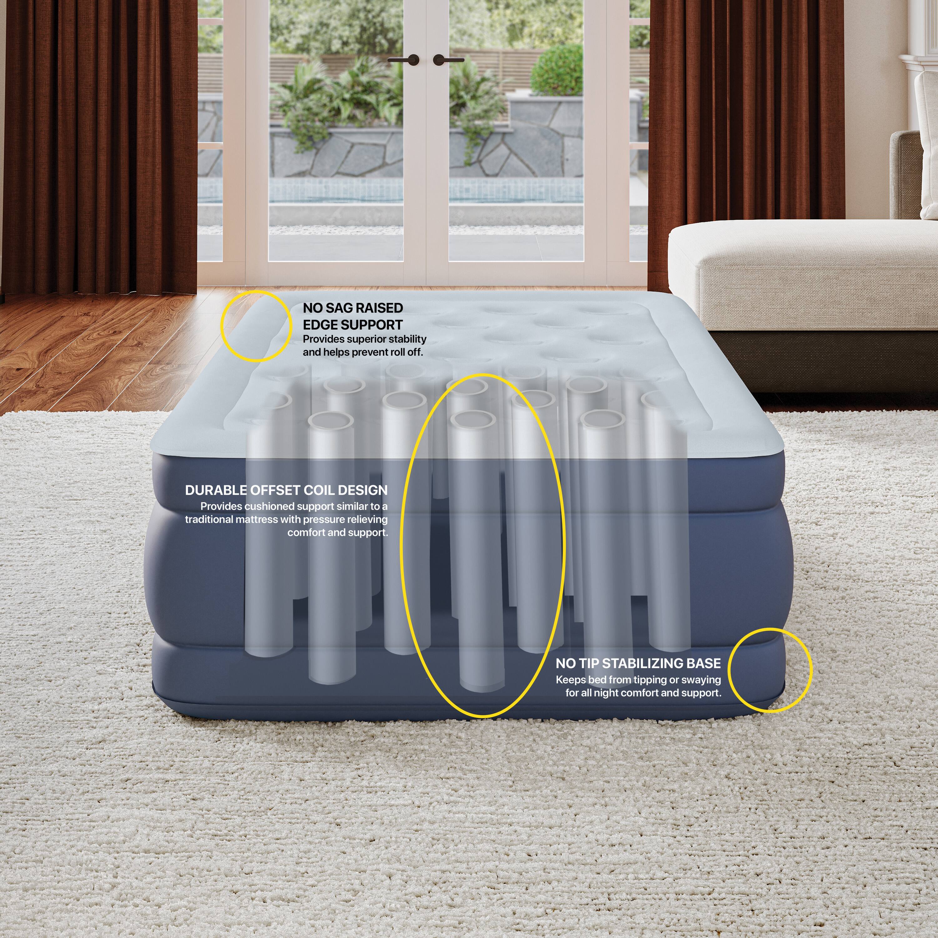 NO SAG RAISED EDGE SUPPORT  
Provides superior stability and helps prevent roll off.  

DURABLE OFFSET COIL DESIGN  
Provides cushioned support similar to a traditional mattress with pressure relieving comfort and support.  

NO TIP STABILIZING BASE  
Keeps bed from tipping or swaying for all night comfort and support.