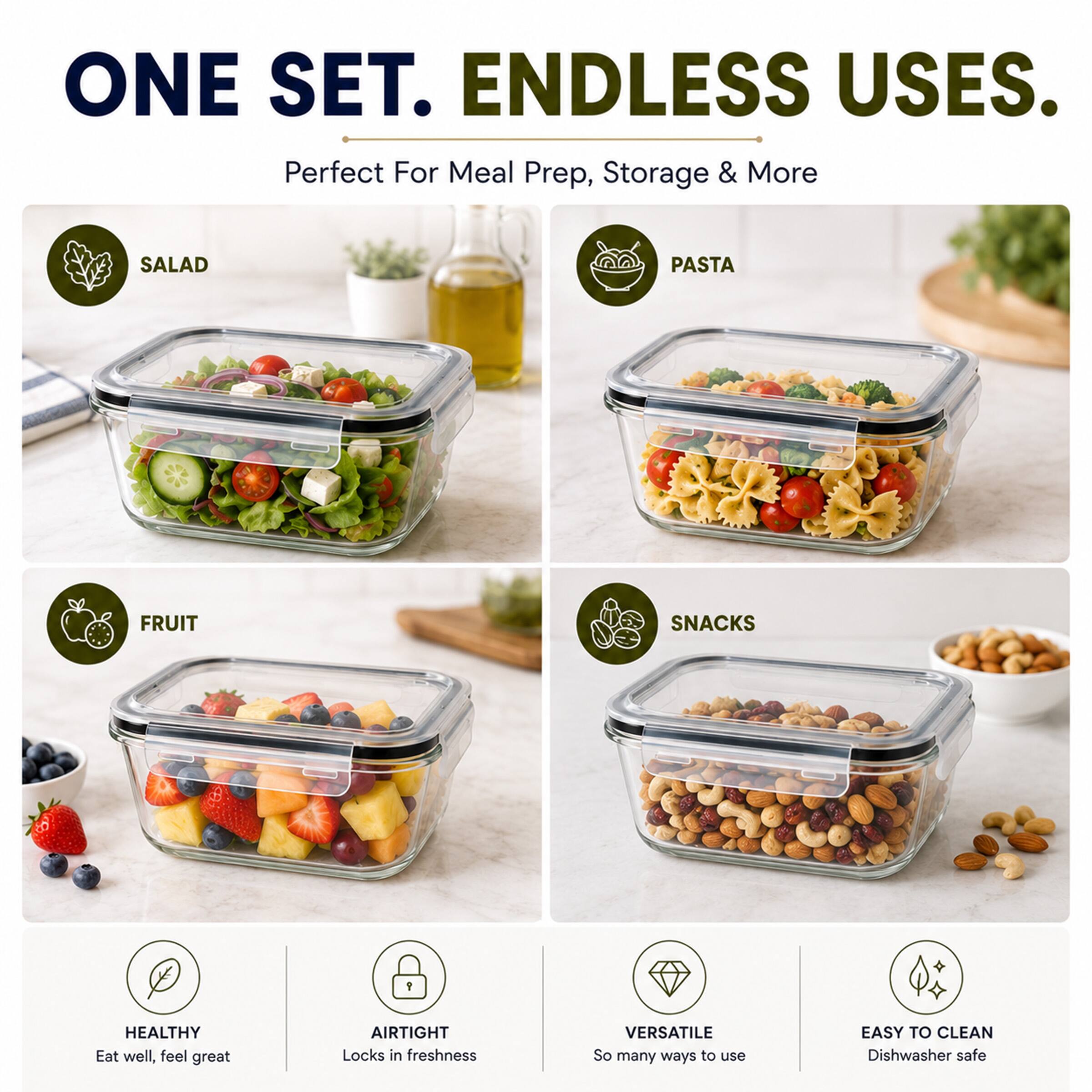ONE SET. ENDLESS USES.  
Perfect For Meal Prep, Storage & More  

SALAD  
PASTA  
FRUIT  
SNACKS  

1 HEALTHY  
Eat well, feel great  

AIRTIGHT  
Locks in freshness  

VERSATILE  
So many ways to use  

EASY TO CLEAN  
Dishwasher safe
