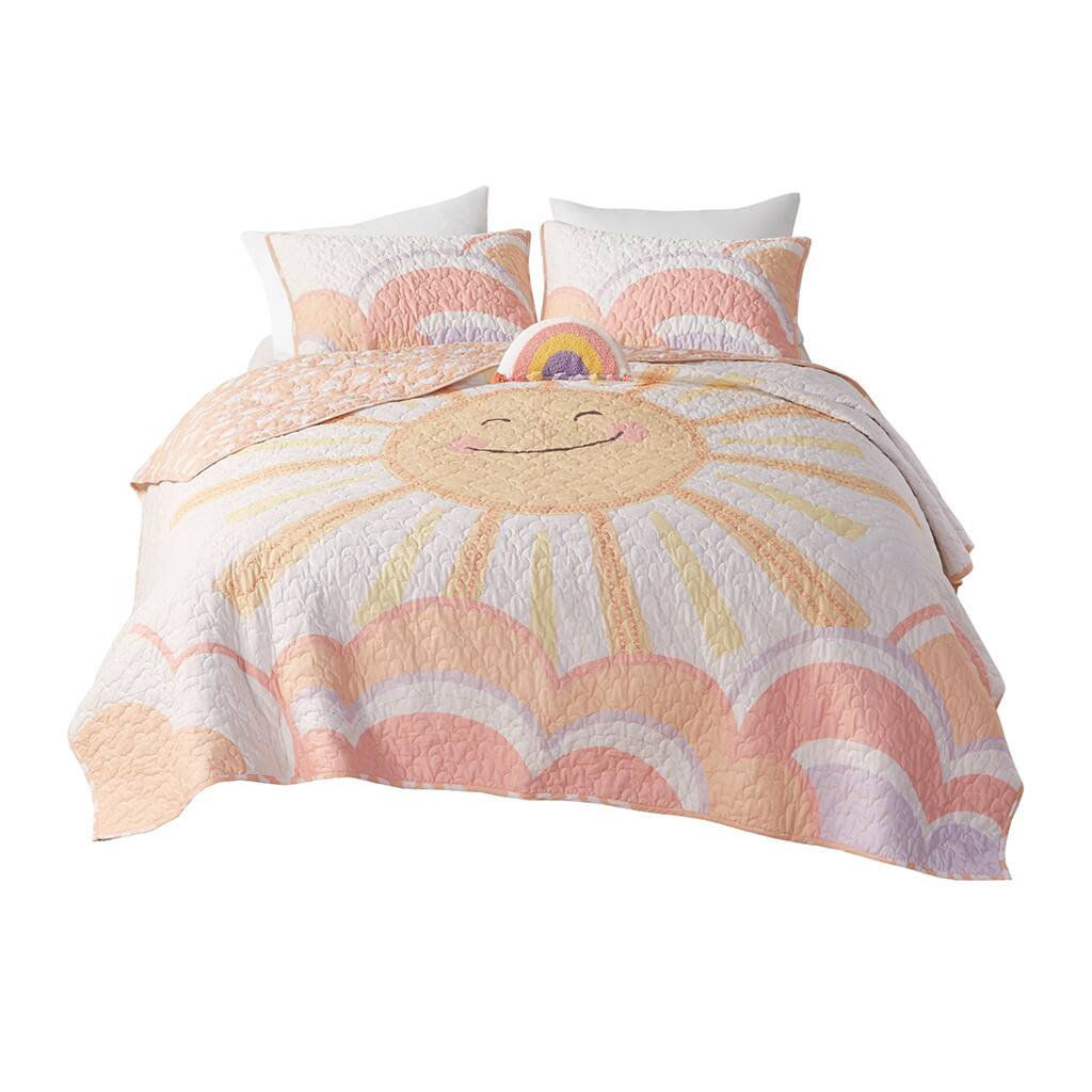 Front. Gracie Mills - Gracie Mills Singleton Sunny Days Reversible Cotton Quilt Set with Throw Pillow - Yellow/Coral.