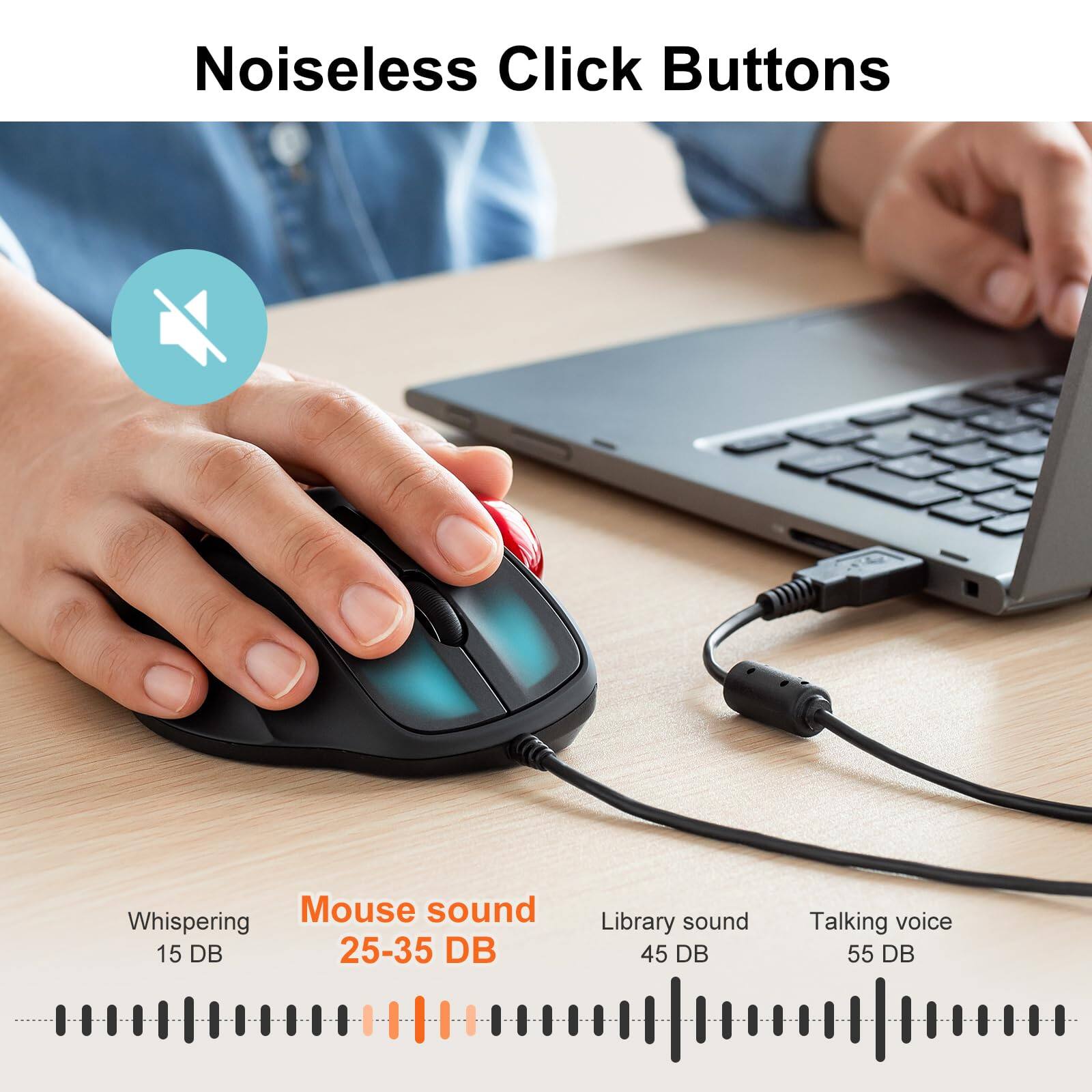 Noiseless Click Buttons

Whispering 15 DB  
Mouse sound 25-35 DB  
Library sound 45 DB  
Talking voice 55 DB