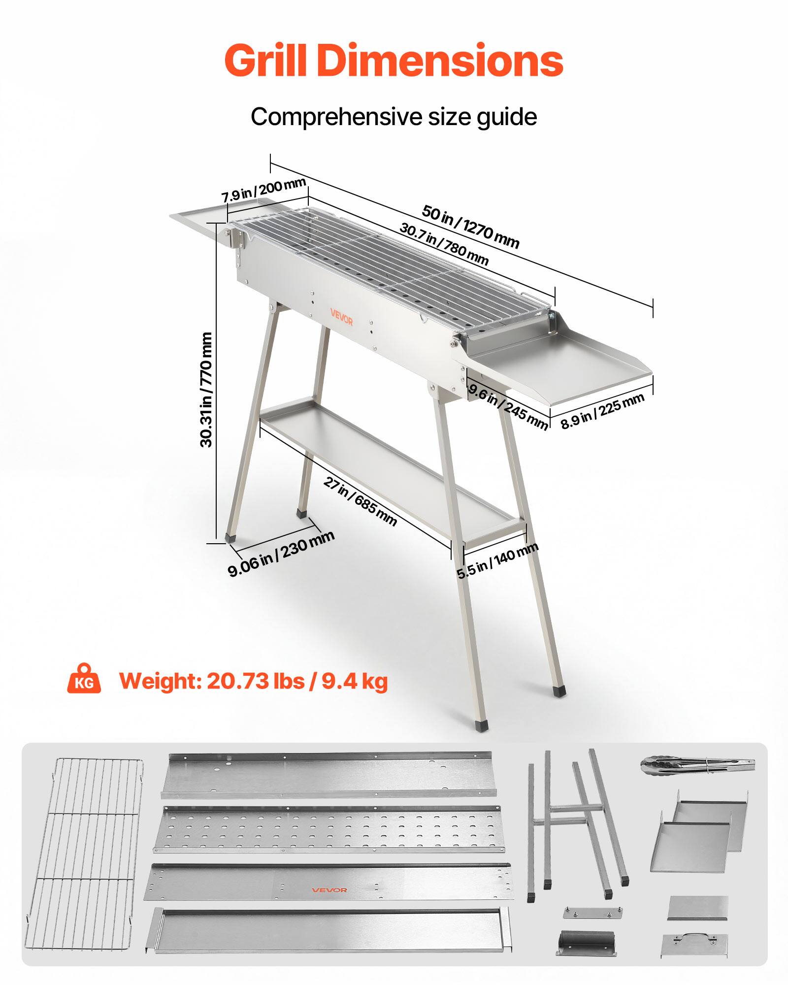 Grill Dimensions  
Comprehensive size guide

- 7.9 in / 200 mm
- 50 in / 1270 mm
- 30.7 in / 780 mm
- 30.31 in / 770 mm
- 9.6 in / 245 mm
- 8.9 in / 225 mm
- 27 in / 685 mm
- 9.06 in / 230 mm
- 5.5 in / 140 mm

Weight: 20.73 lbs / 9.4 kg