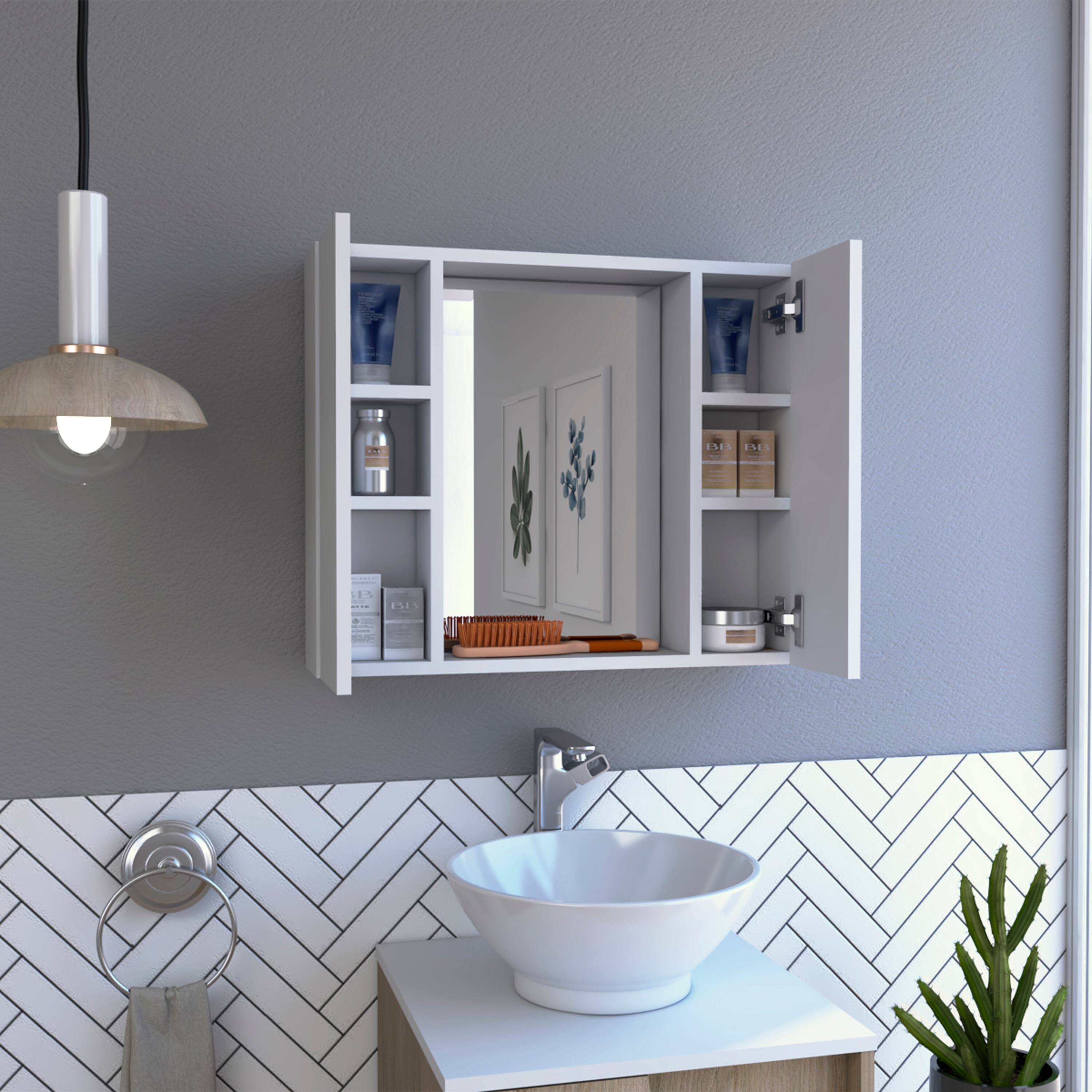 Back. TuHome - Wall-Mount Mirror Medicine Cabinet with Two Doors for Interior Storage - White.