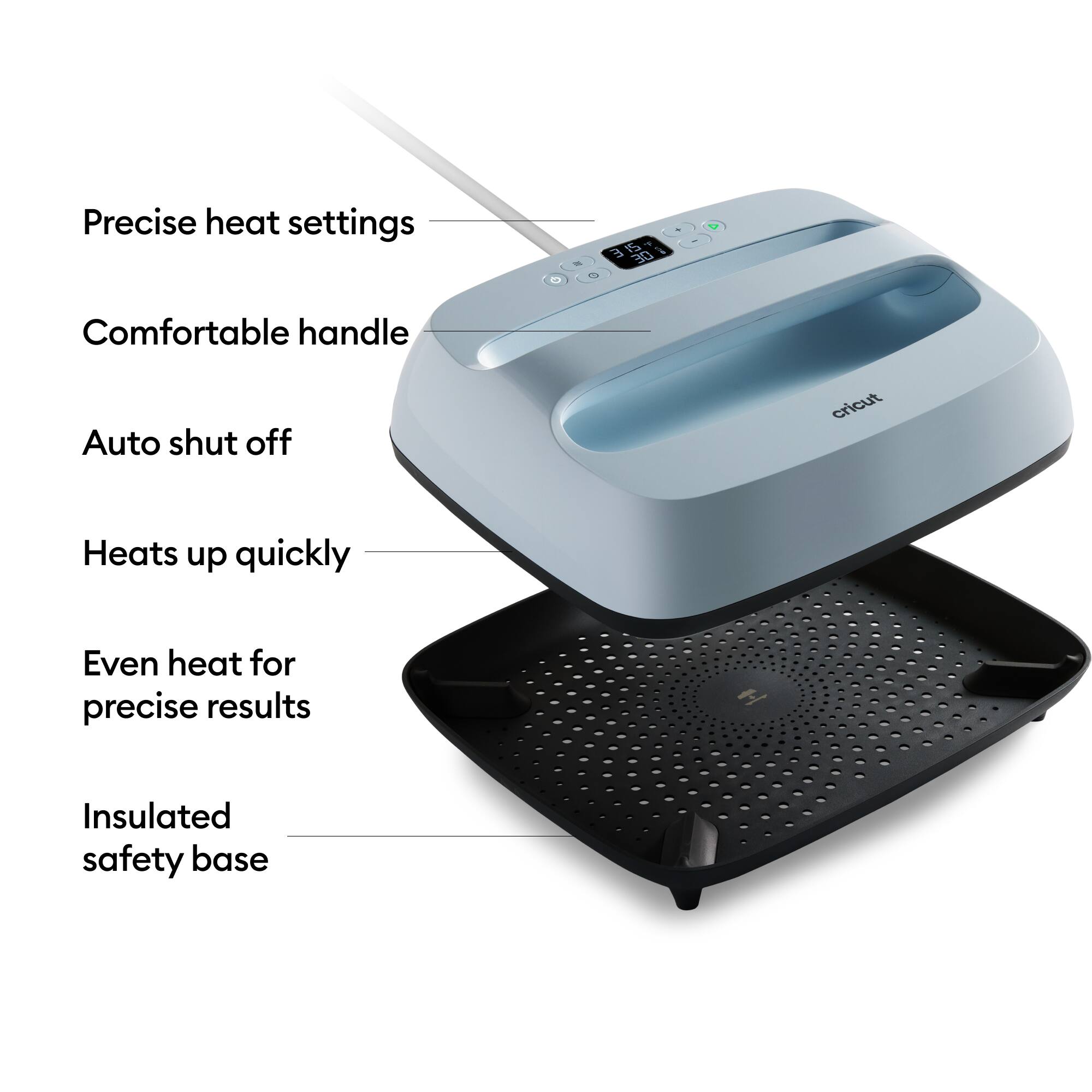 - Precise heat settings
- Comfortable handle
- Auto shut off
- Heats up quickly
- Even heat for precise results
- Insulated safety base