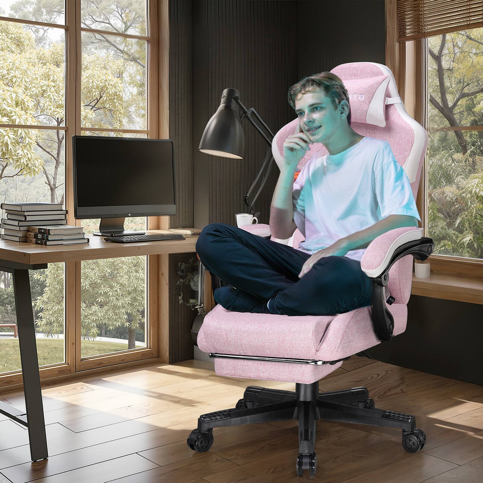 Alt View 4. GTPlayer - Gaming Chair with Extended Backrest Fabric Computer Chair,Pink - Pink.