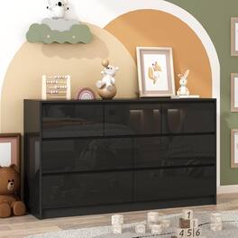 Espafurni - Modern Malm Dresser - 55” Long, 7 Drawers, High Gloss, Handle - Free for Bedroom and More - Black