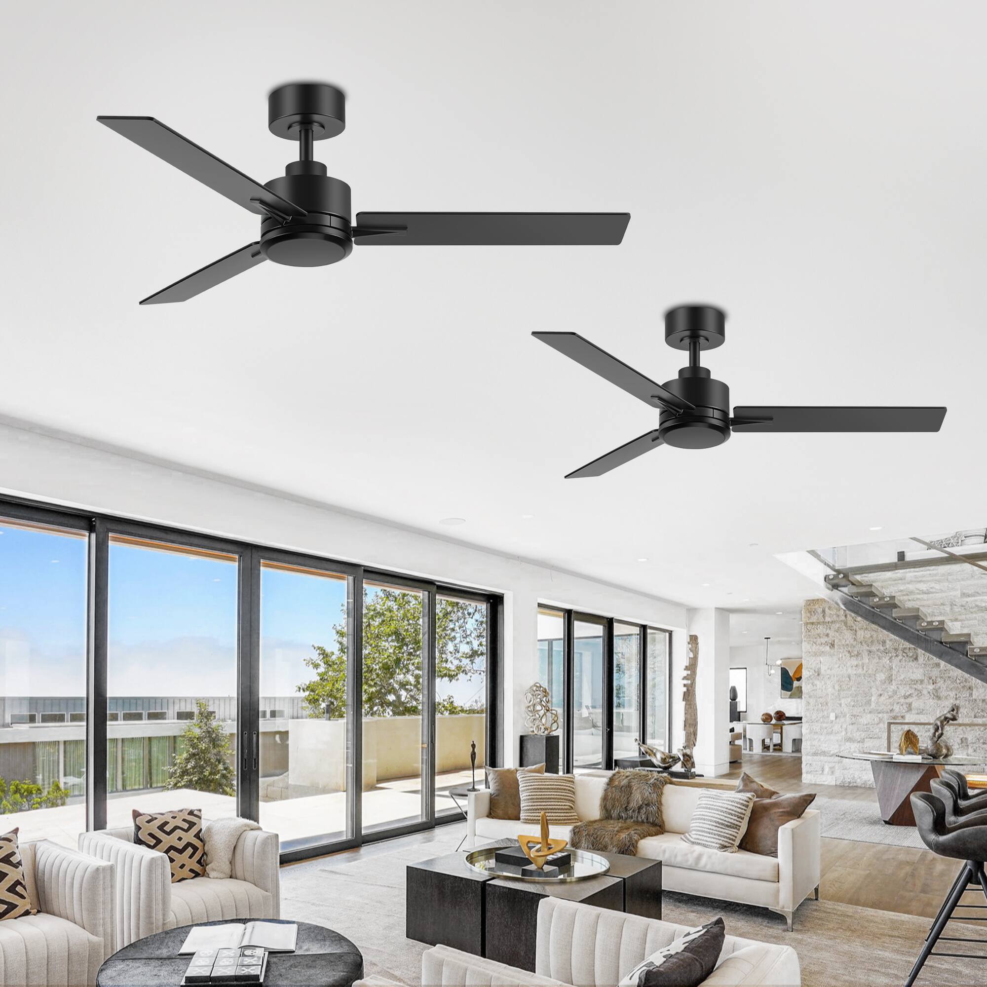 Back. Breezary - 48-Inch Indoor Ceiling Fan with Remote, 3 Plywood Blades, 6-Speed DC Motor, 5'' Downrod, LED/No Light, Single or 2-Pack - Black-2 Pack (Without Light).