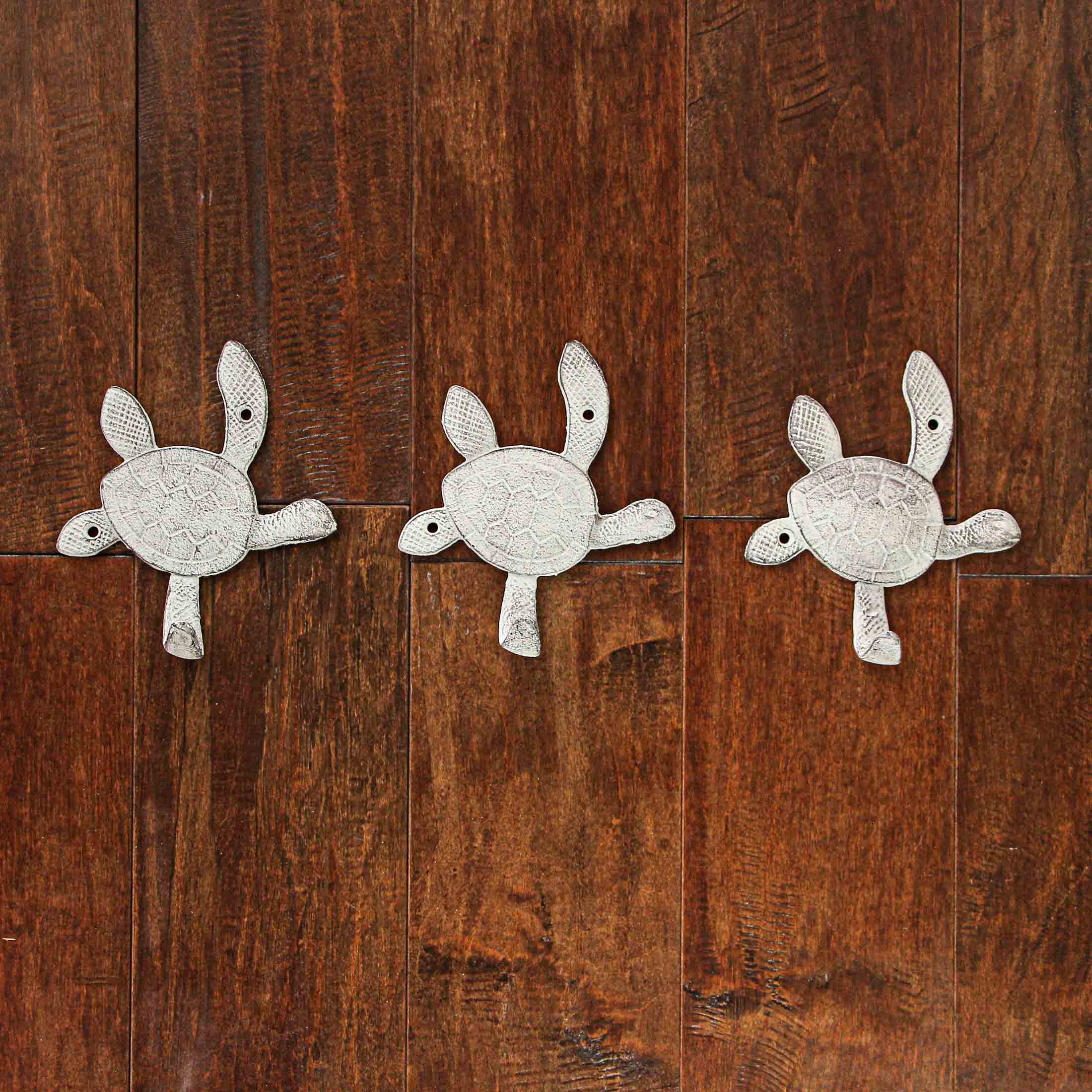 Alt View 1. Chesapeake Bay - 6 Inch Cast Iron Antique White Sea Turtle Wall Hook Towel Hanger Hat Rack Home Decor Set of 3 - White.