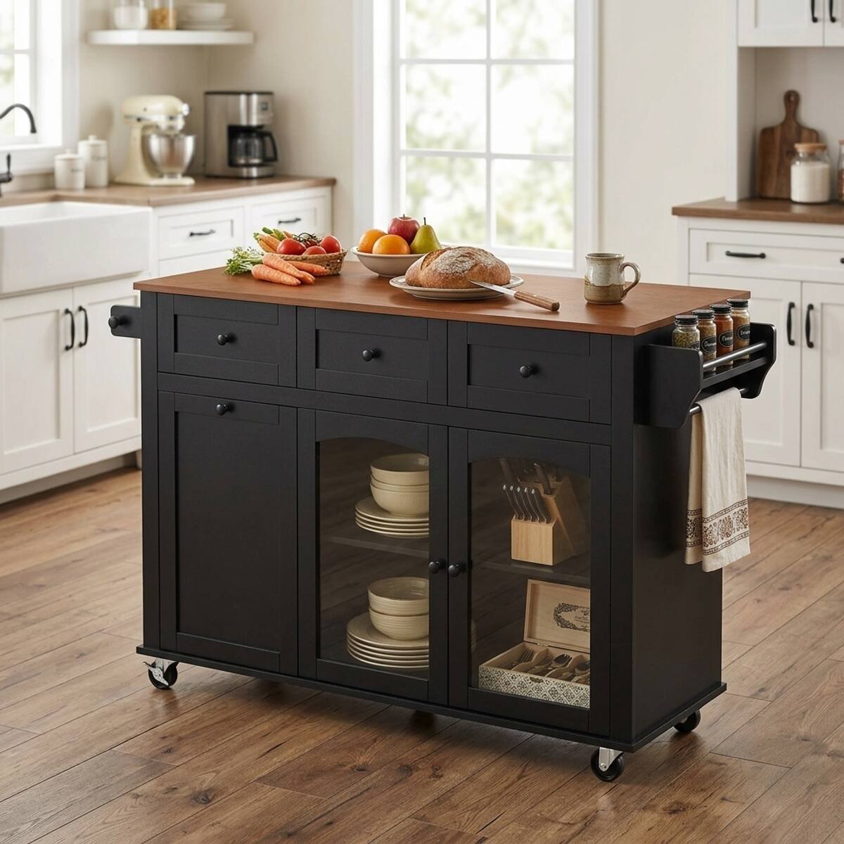 Front. Loheer - Loheer 54.2" Mobile Kitchen Island with Trash Bin Cabinet, Black Kitchen Prep Table with Glass Doors and Spice Rack - Black.