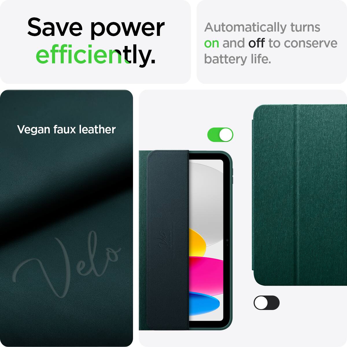 Save power efficiently.  
Automatically turns on and off to conserve battery life.  
Vegan faux leather  
Velo