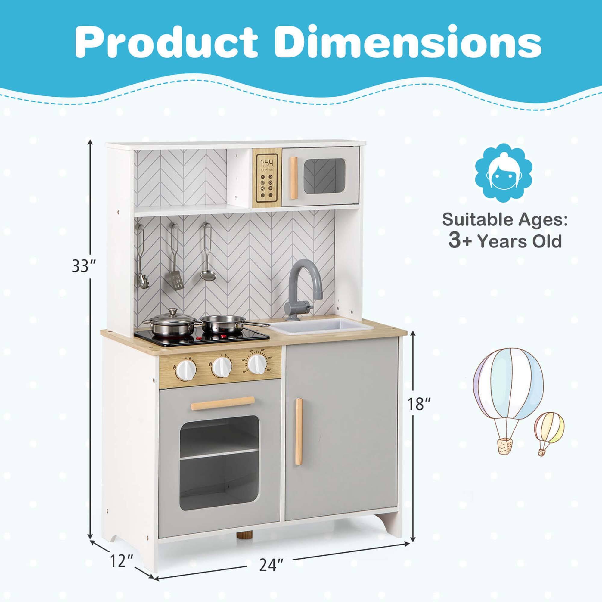 Product Dimensions

- Height: 33"
- Width: 24"
- Depth: 18"
- Oven Height: 12"

Suitable Ages: 3+ Years Old