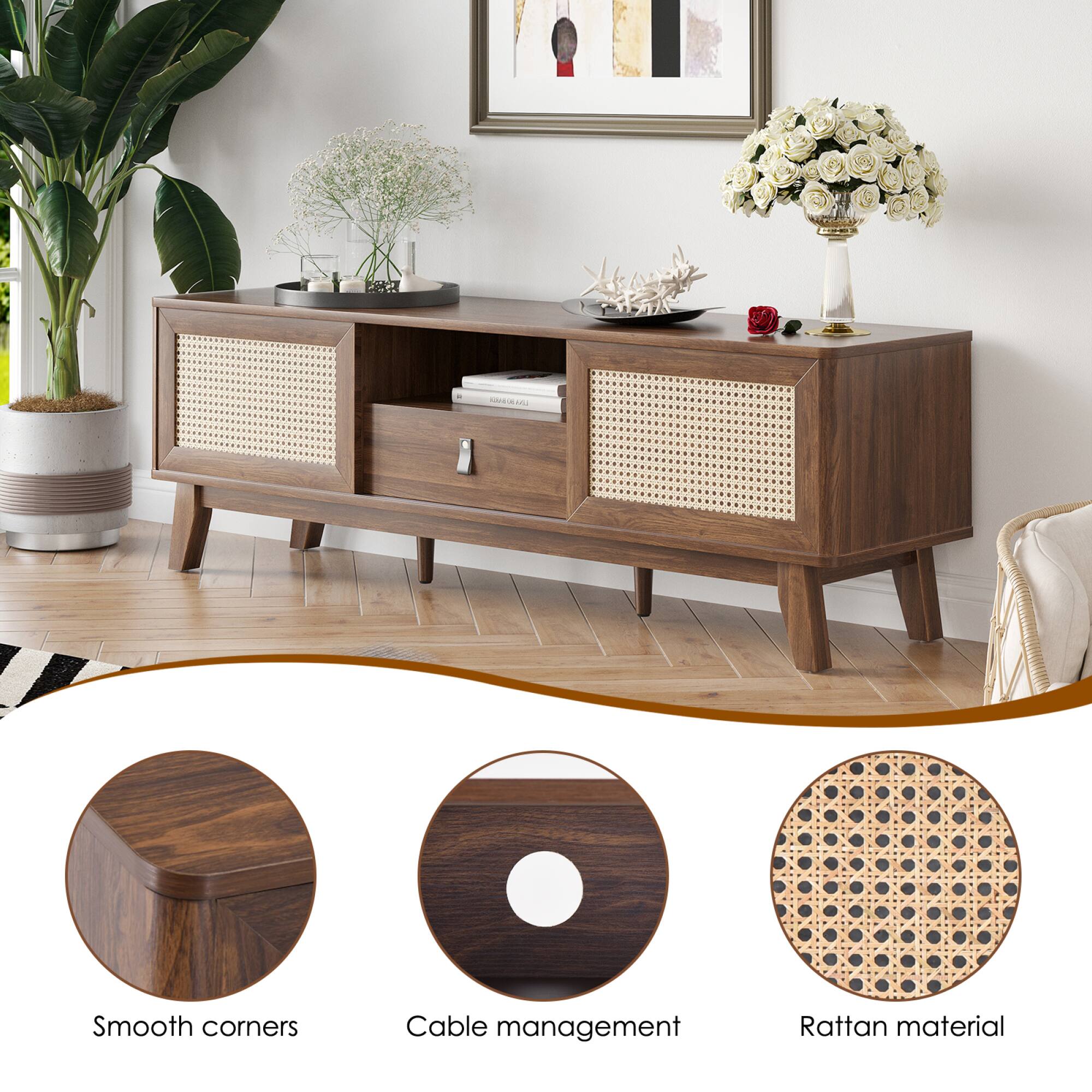 - Smooth corners
- Cable management
- Rattan material