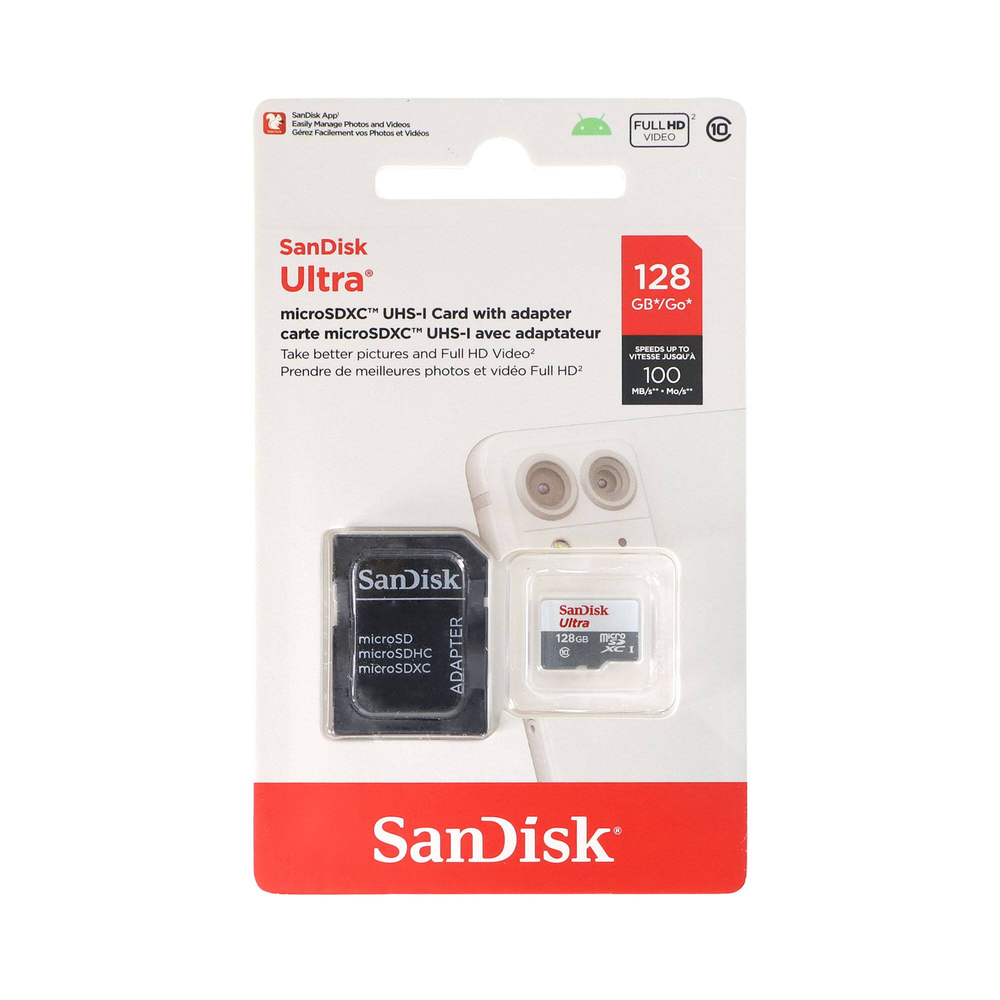 SanDisk Ultra microSDXC™ UHS-I Card with adapter  
128 GB*  
Take better pictures and Full HD Video  
VITESSE 100 Mo/s*  
SanDisk microSD microSDHC ADAPTER microSDXC