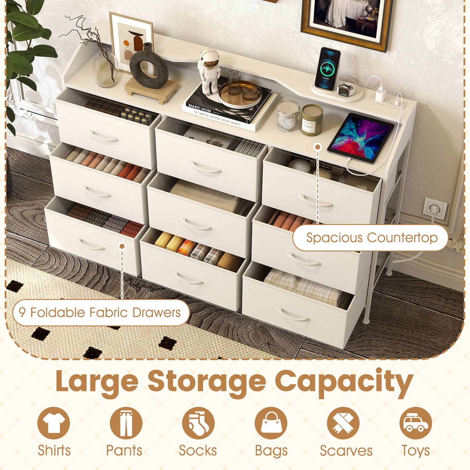 MARC - XS50M4 - Spacious Countertop 9 Foldable Fabric Drawers Large Storage Capacity Shirts Pants Socks Bags Scarves Toys