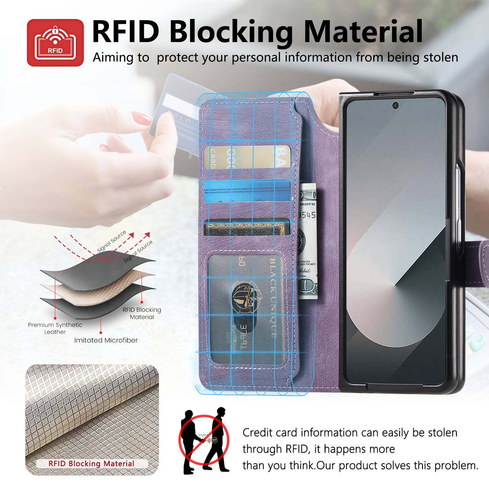RFID Blocking Material

Aiming to protect your personal information from being stolen

Premium Synthetic Leather
Imitated Microfiber

Credit card information can easily be stolen through RFID, it happens more than you think. Our product solves this problem.