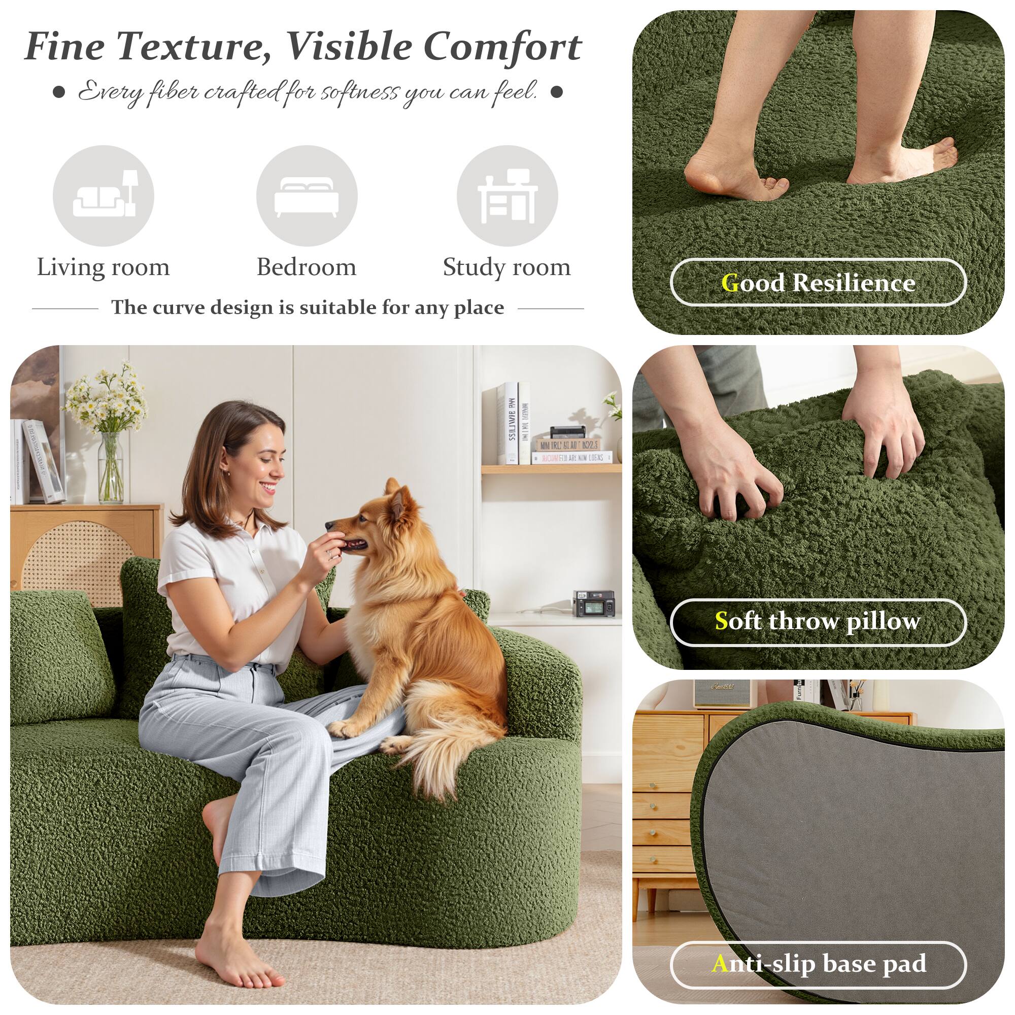 Fine Texture, Visible Comfort  
Every fiber crafted for softness you can feel.  

Living room Bedroom Study room  
The curve design is suitable for any place  

Good Resilience  
Soft throw pillow  
Anti-slip base pad