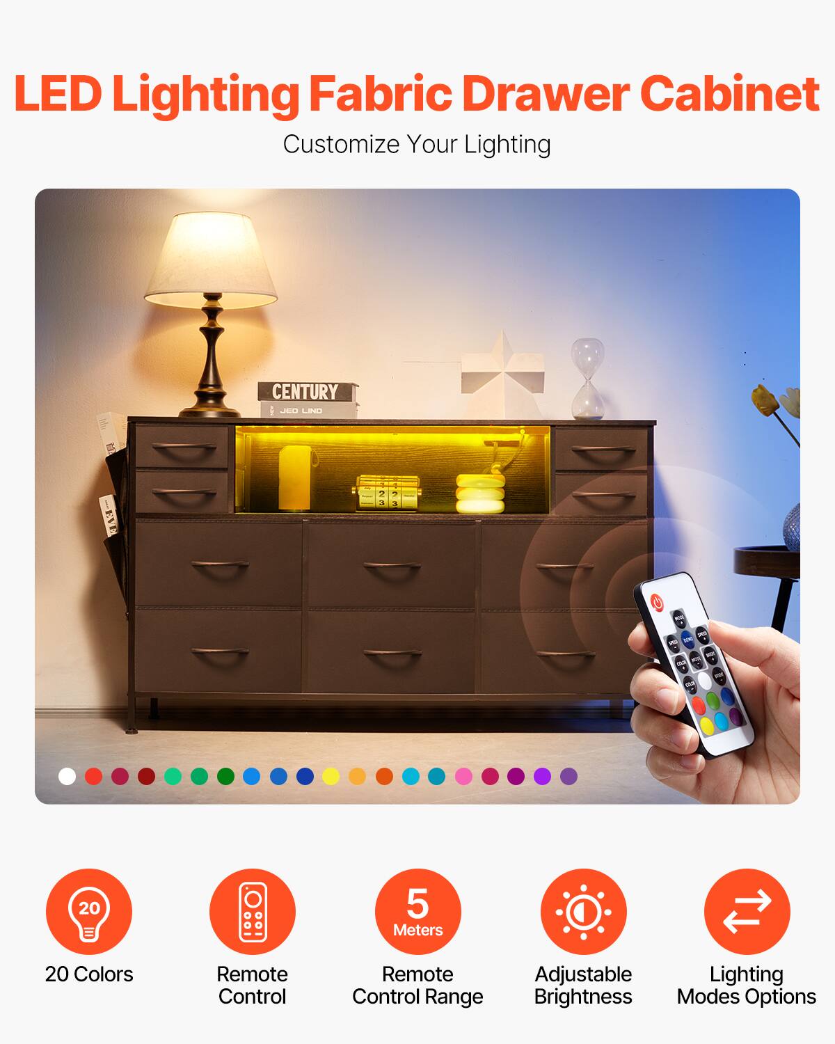 LED Lighting Fabric Drawer Cabinet  
Customize Your Lighting  

- 20 Colors  
- Remote Control  
- 5 Meters Remote Control Range  
- Adjustable Brightness  
- Lighting Modes Options