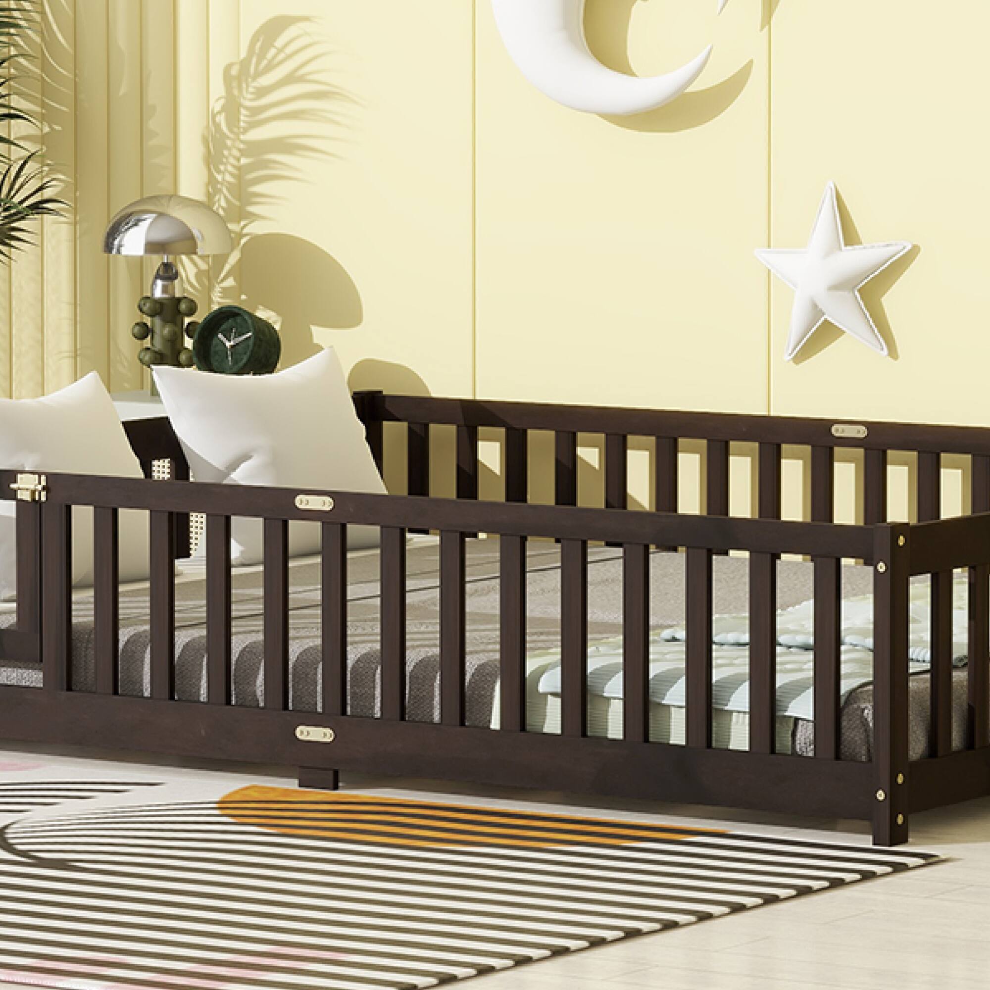 Alt View 5. GOODSILO - Queen Size Low-Profile Platform Bed with Safety Guardrails and Entry Door for Secure Sleeping Space - Espresso.