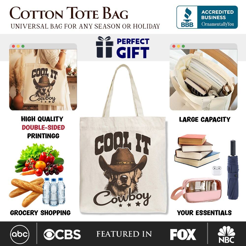 COTTON TOTE BAG  
UNIVERSAL BAG FOR ANY SEASON OR HOLIDAY  

ACCREDITED BUSINESS BBB  
OrnamentallyYou  

PERFECT GIFT  

HIGH QUALITY  
DOUBLE-SIDED PRINTING  

LARGE CAPACITY  

GROCERY SHOPPING  

YOUR ESSENTIALS  

FEATURED IN  
abc  
CBS  
FOX  
NBC